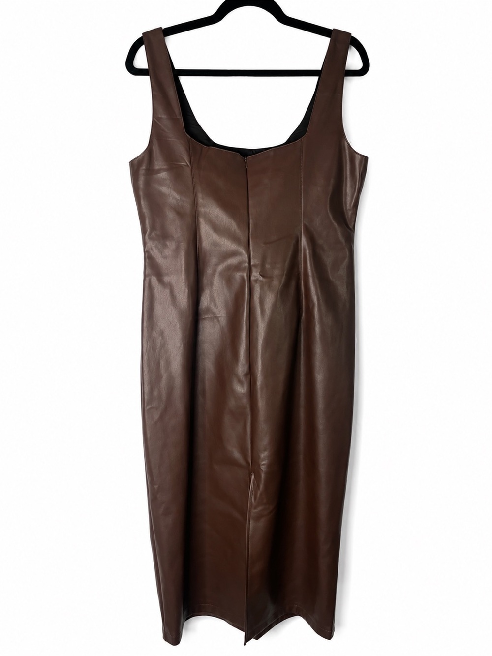 COMMENSE Dark Brown Tone Faux Leather Square Neck Midi Dress Size L NWT - Picture 6 of 16